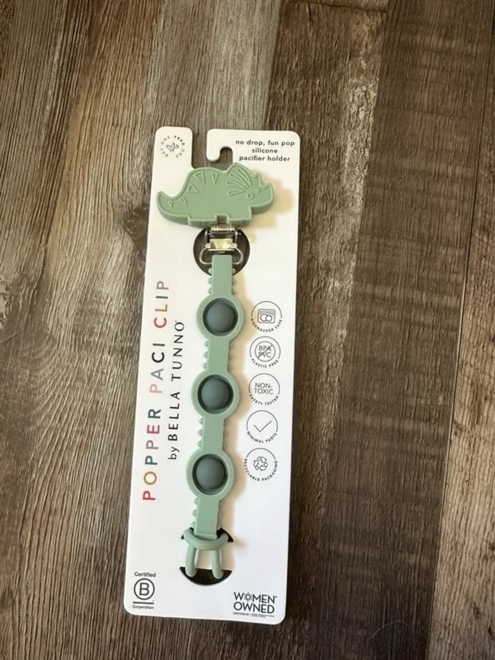 Bella Tunno Sage Green Dino Popper Pacifier Clip
